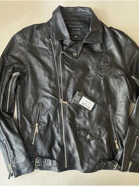 Philipp Plein Homme Black Leather Biker Jacket Skull Limited Edition Men's Sz 56